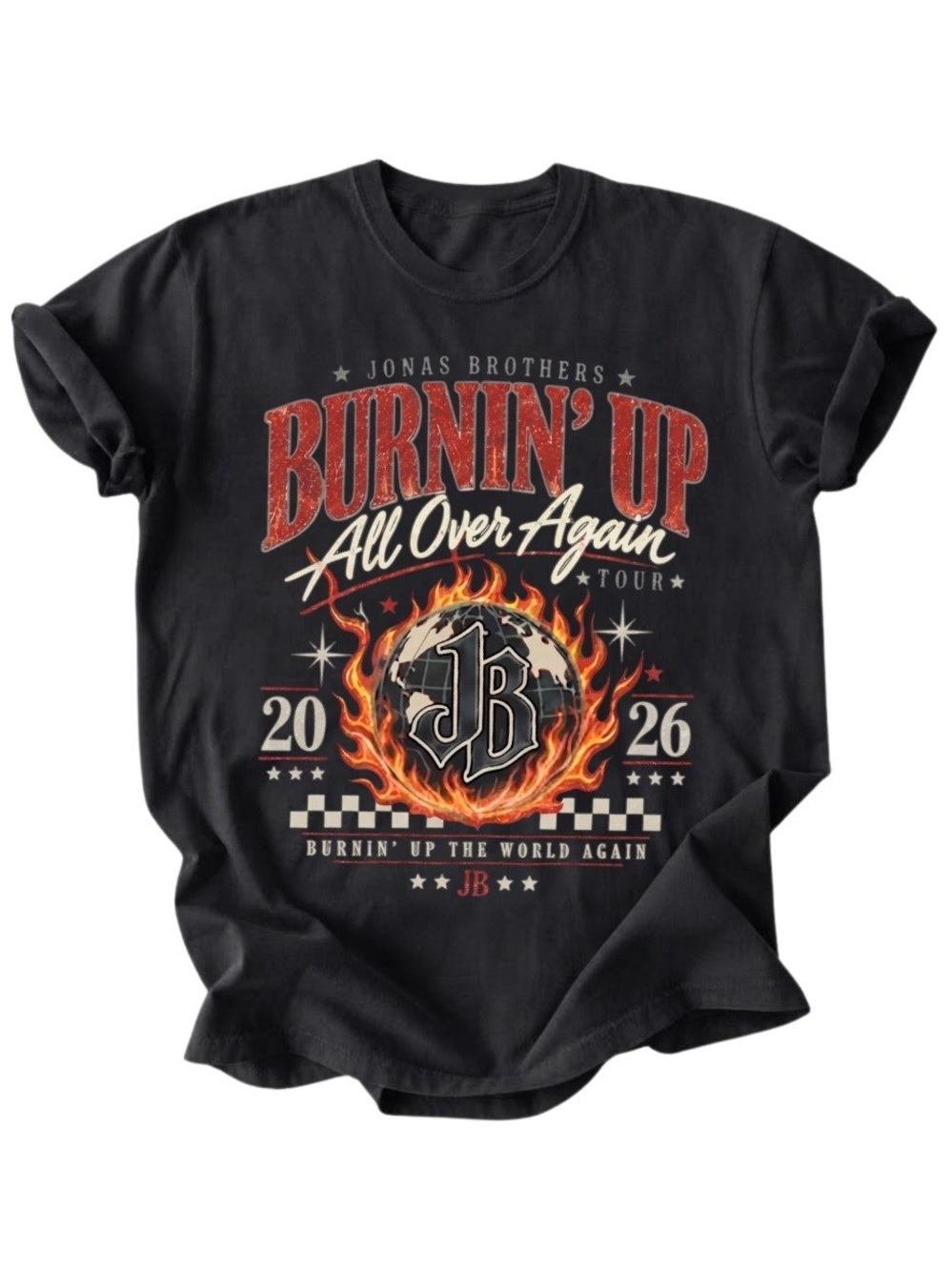 Burnin Up Fire Globe Graphic Print Black Gildan T-Shirt